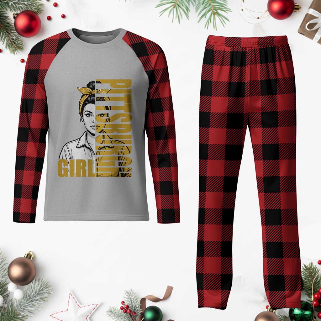Strong Woman Football Game Day Plaid Pajama Set Black And Gold City Pride