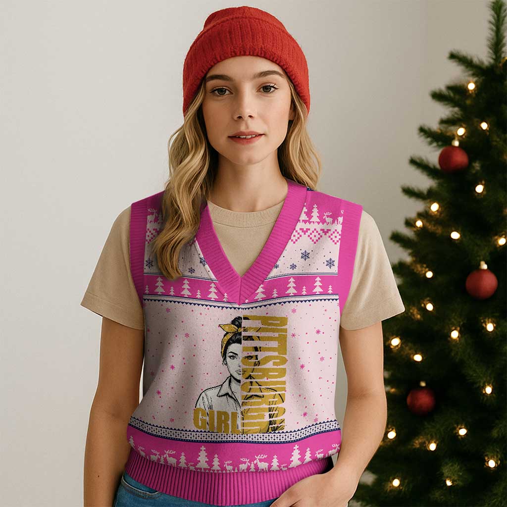 Strong Woman Football Game Day V-Neck Knit Sweater Vest Black And Gold City Pride