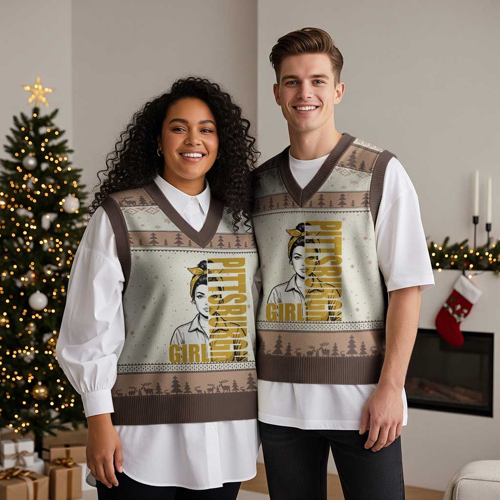 Strong Woman Football Game Day V-Neck Knit Sweater Vest Black And Gold City Pride
