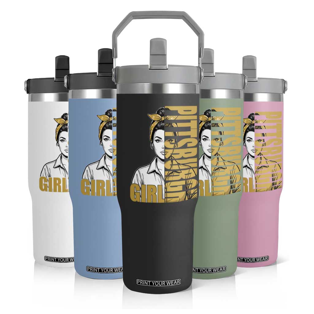 Strong Woman Football Game Day Flip Straw Tumbler Black And Gold City Pride