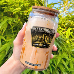 Pittsburgh Skyline Crest Graphic Glass Can Football Lover Gift