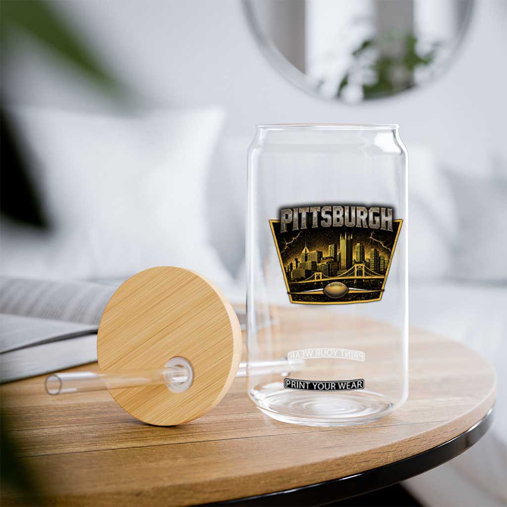 Pittsburgh Skyline Crest Graphic Glass Can Football Lover Gift