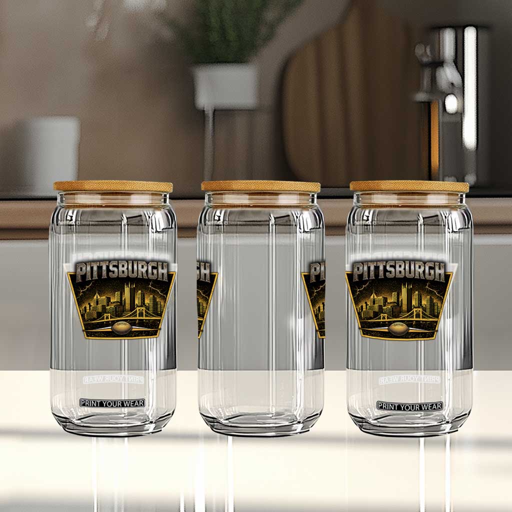 Pittsburgh Skyline Crest Graphic Glass Can Football Lover Gift