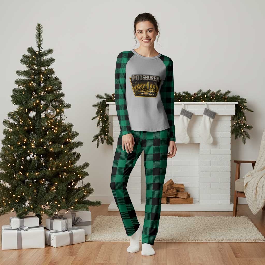 Pittsburgh Skyline Crest Graphic Plaid Pajama Set Football Lover Gift