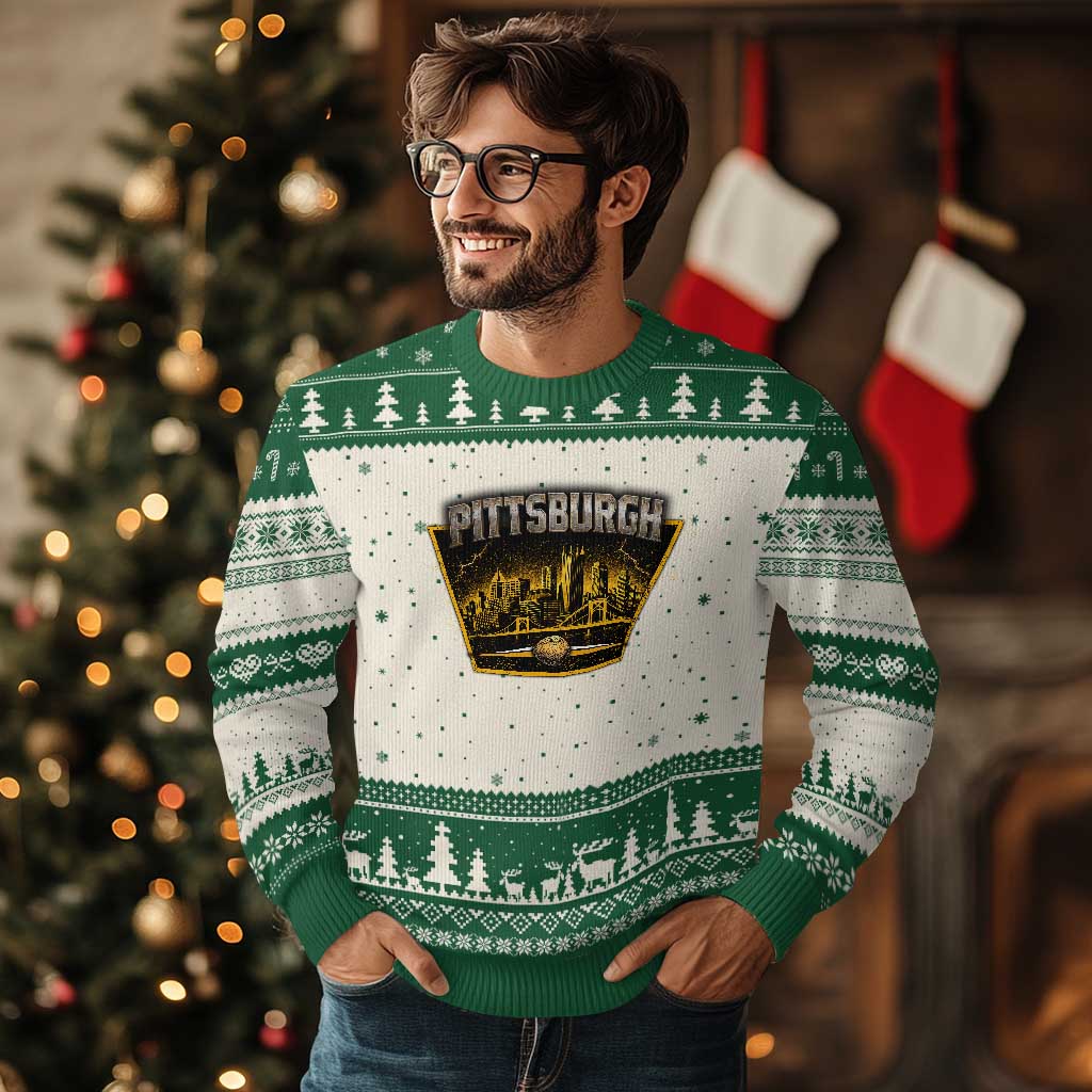 Pittsburgh Skyline Crest Graphic Ugly Christmas Sweater Football Lover Gift