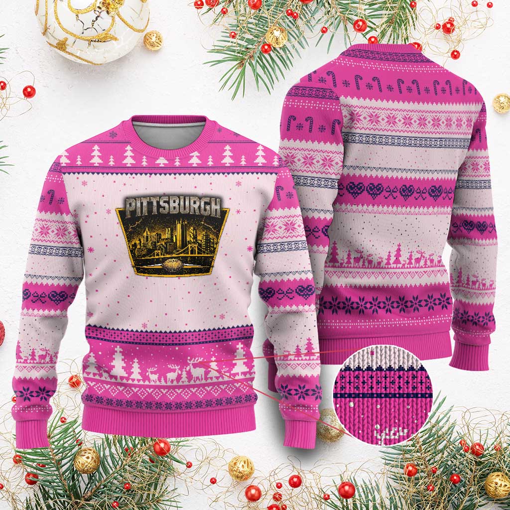 Pittsburgh Skyline Crest Graphic Ugly Christmas Sweater Football Lover Gift