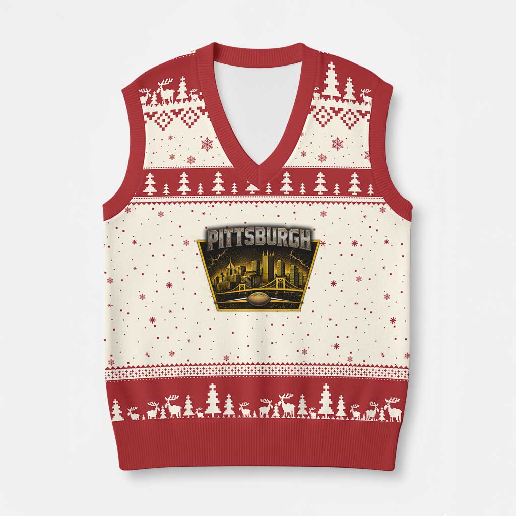 Pittsburgh Skyline Crest Graphic V-Neck Knit Sweater Vest Football Lover Gift