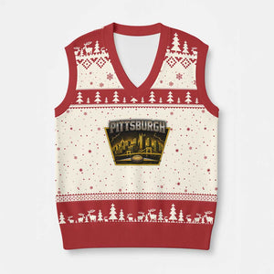Pittsburgh Skyline Crest Graphic V-Neck Knit Sweater Vest Football Lover Gift
