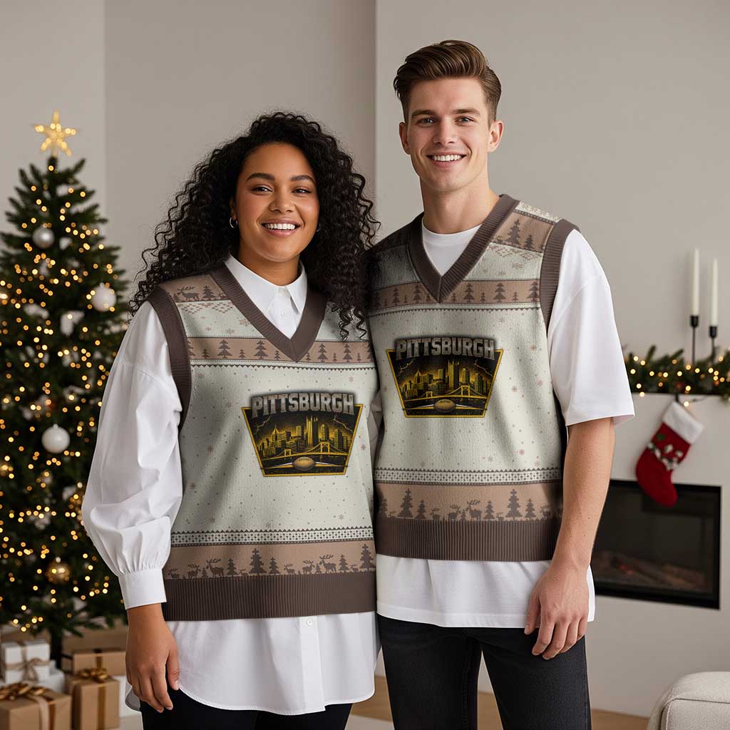Pittsburgh Skyline Crest Graphic V-Neck Knit Sweater Vest Football Lover Gift