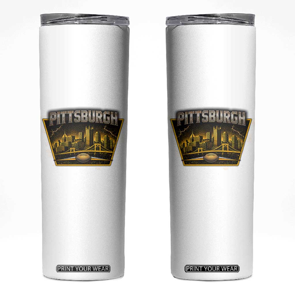 Pittsburgh Skyline Crest Graphic Skinny Tumbler Football Lover Gift