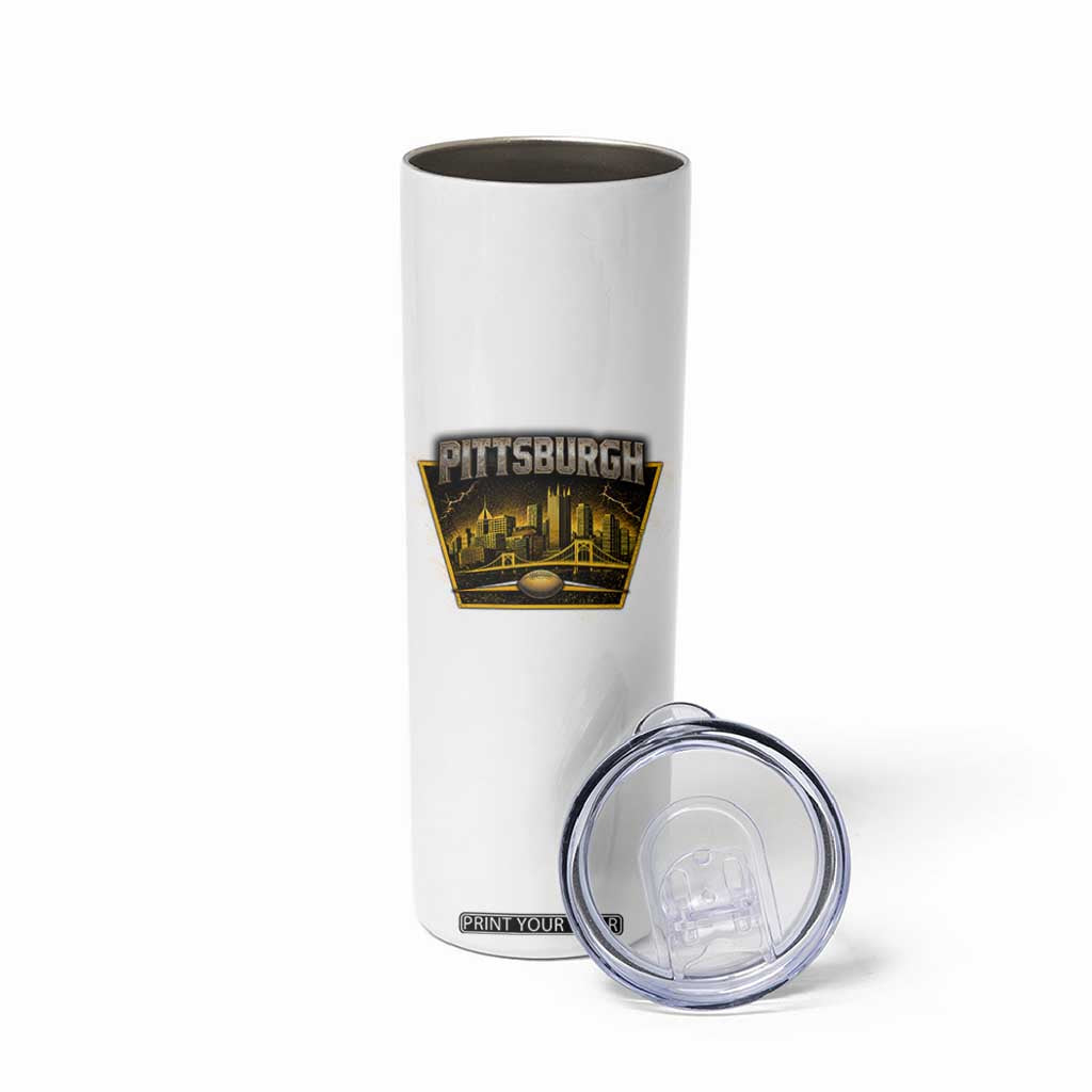 Pittsburgh Skyline Crest Graphic Skinny Tumbler Football Lover Gift