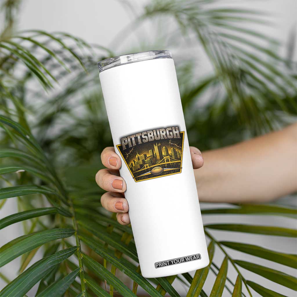 Pittsburgh Skyline Crest Graphic Skinny Tumbler Football Lover Gift