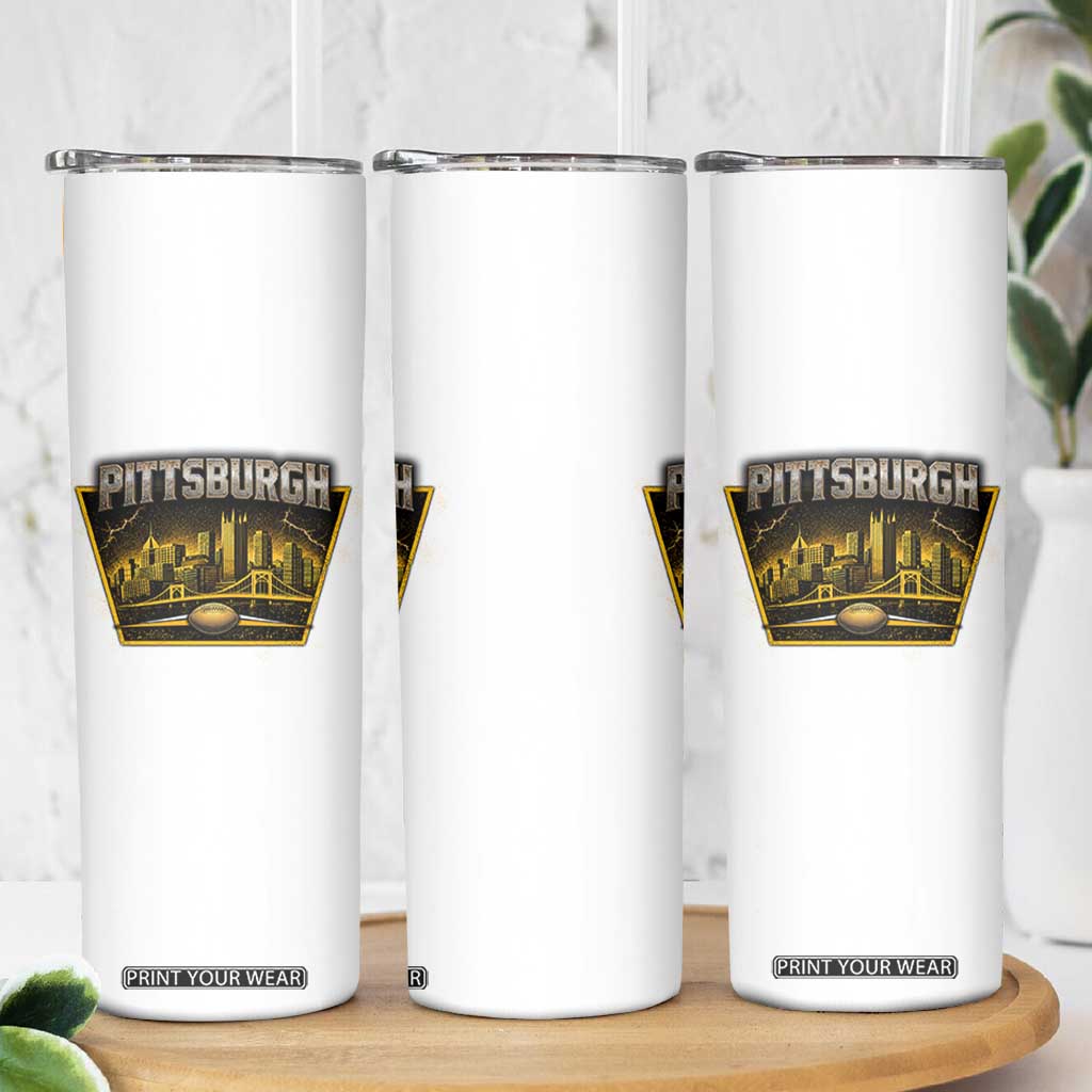 Pittsburgh Skyline Crest Graphic Skinny Tumbler Football Lover Gift