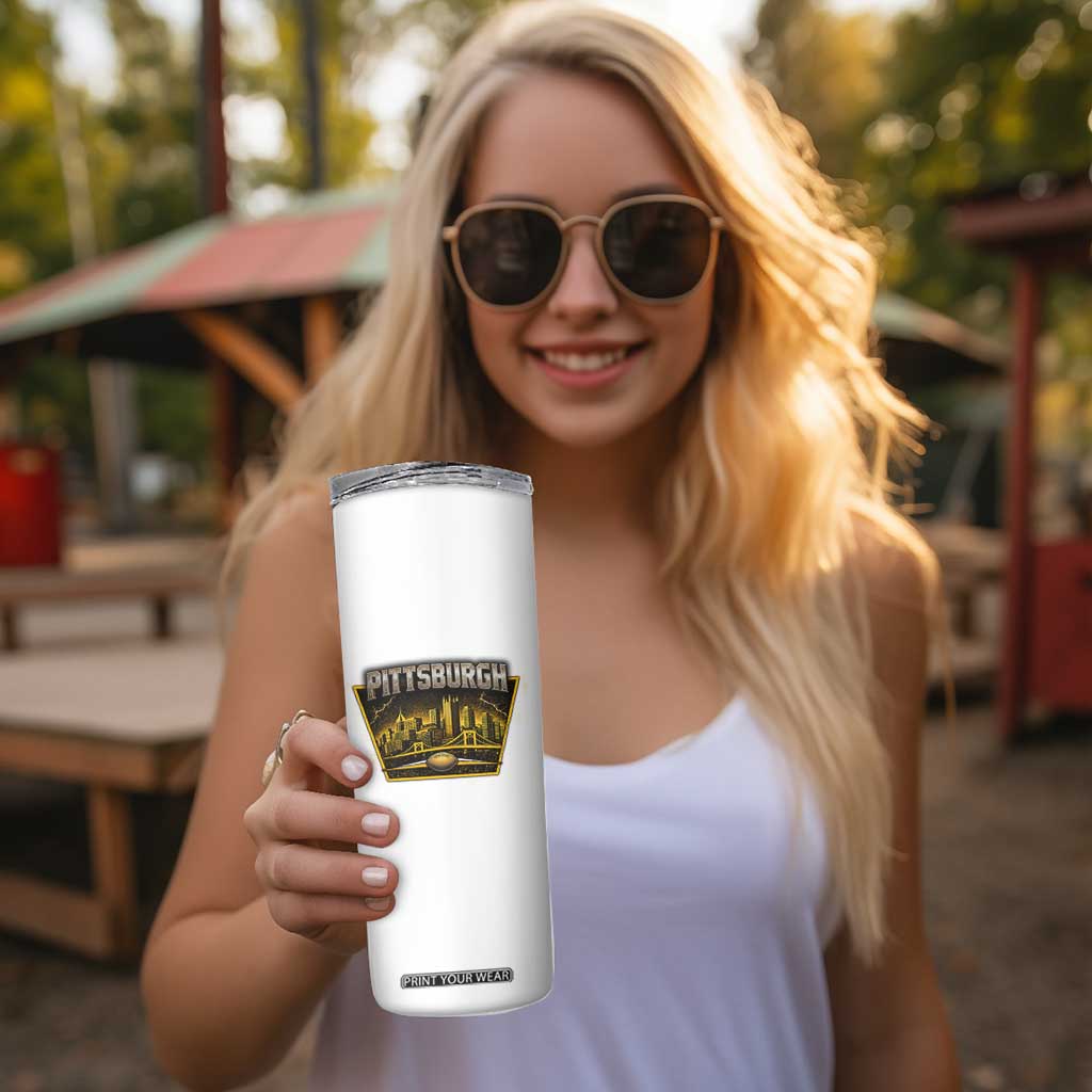 Pittsburgh Skyline Crest Graphic Skinny Tumbler Football Lover Gift