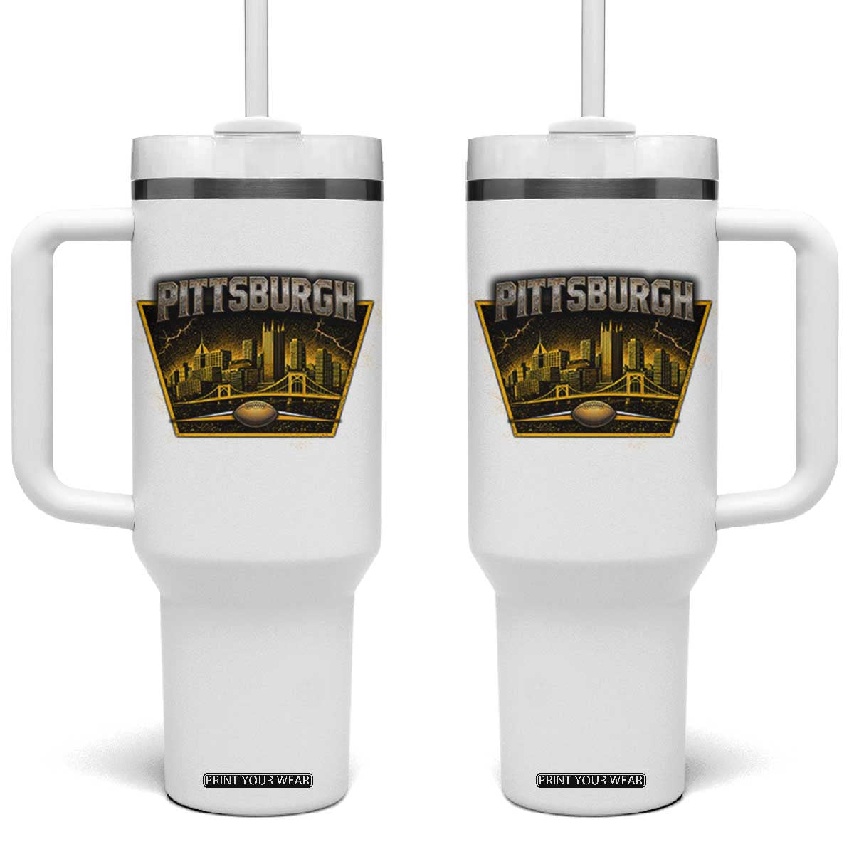 Pittsburgh Skyline Crest Graphic Tumbler With Handle Football Lover Gift