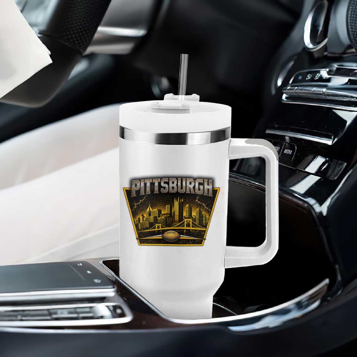 Pittsburgh Skyline Crest Graphic Tumbler With Handle Football Lover Gift