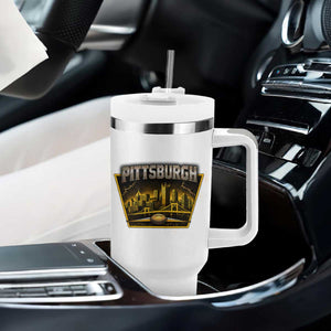 Pittsburgh Skyline Crest Graphic Tumbler With Handle Football Lover Gift