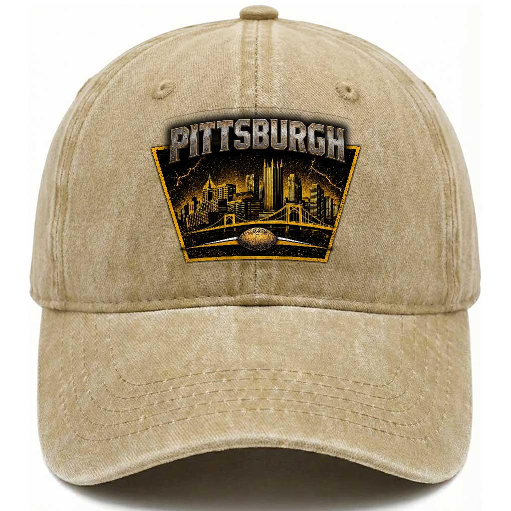 Pittsburgh Skyline Crest Graphic Washed Cotton Baseball Cap Football Lover Gift