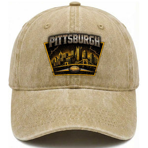 Pittsburgh Skyline Crest Graphic Washed Cotton Baseball Cap Football Lover Gift
