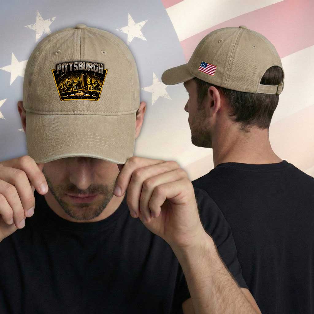 Pittsburgh Skyline Crest Graphic Washed Cotton Baseball Cap Football Lover Gift