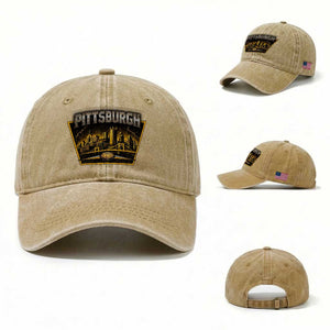 Pittsburgh Skyline Crest Graphic Washed Cotton Baseball Cap Football Lover Gift