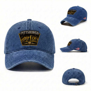 Pittsburgh Skyline Crest Graphic Washed Cotton Baseball Cap Football Lover Gift