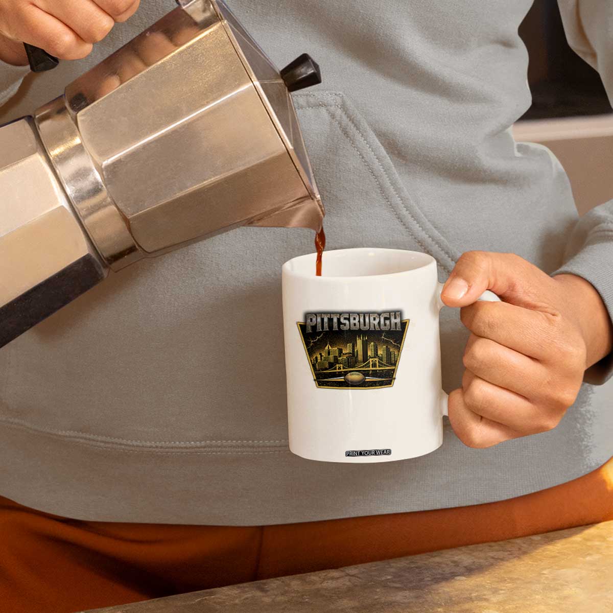 Pittsburgh Skyline Crest Graphic Coffee Mug Football Lover Gift