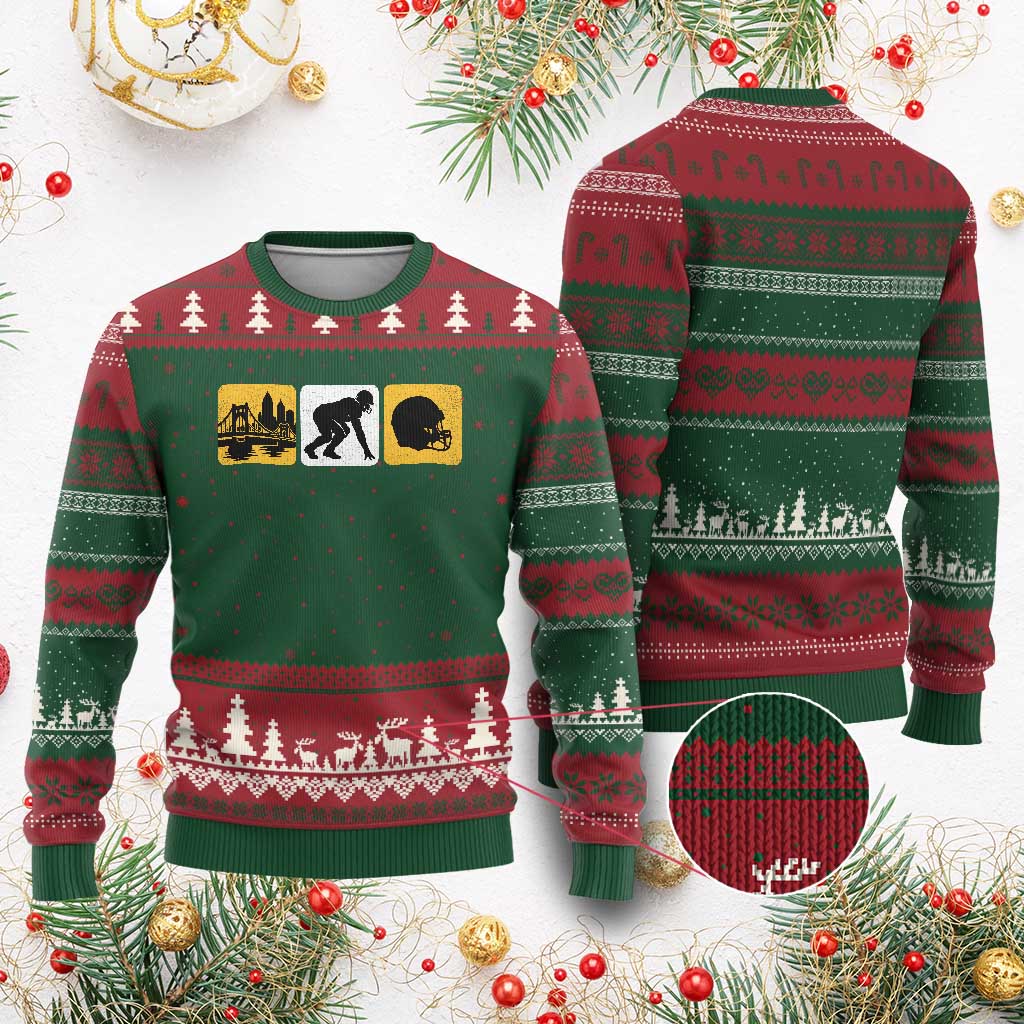 Pittsburgh Skyline Crest Graphic Ugly Christmas Sweater Football Fan Pride
