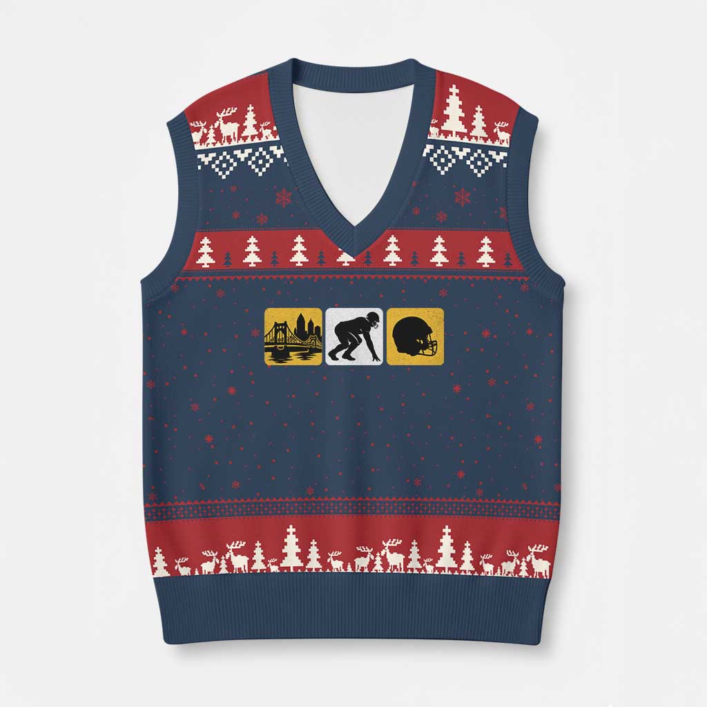 Pittsburgh Skyline Crest Graphic V-Neck Knit Sweater Vest Football Fan Pride