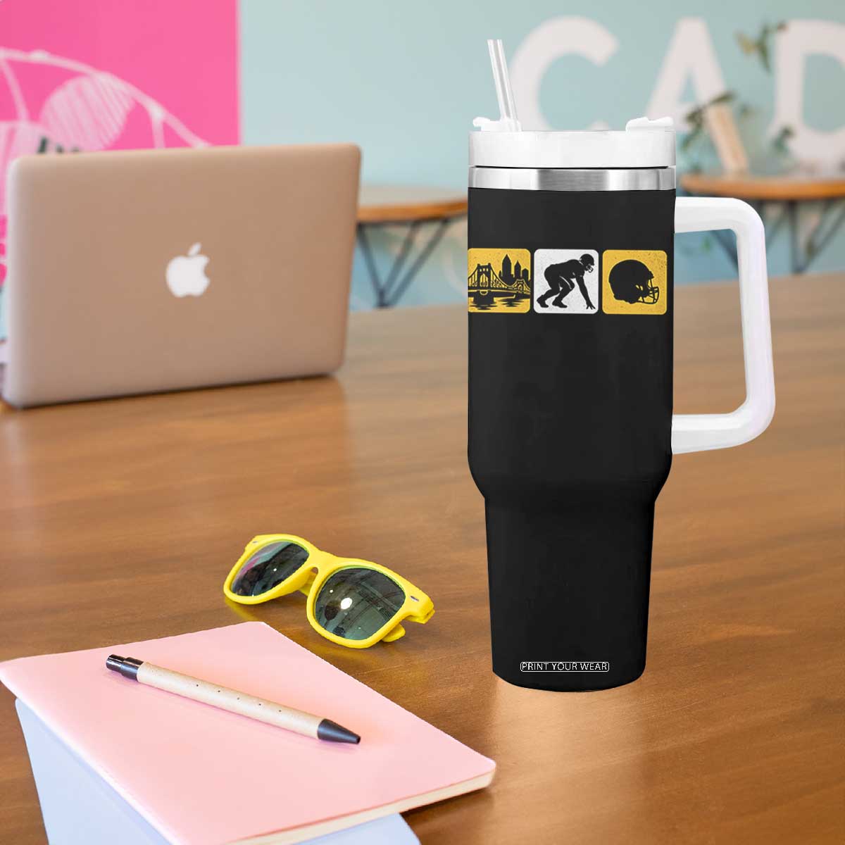 Pittsburgh Skyline Crest Graphic Tumbler With Handle Football Fan Pride