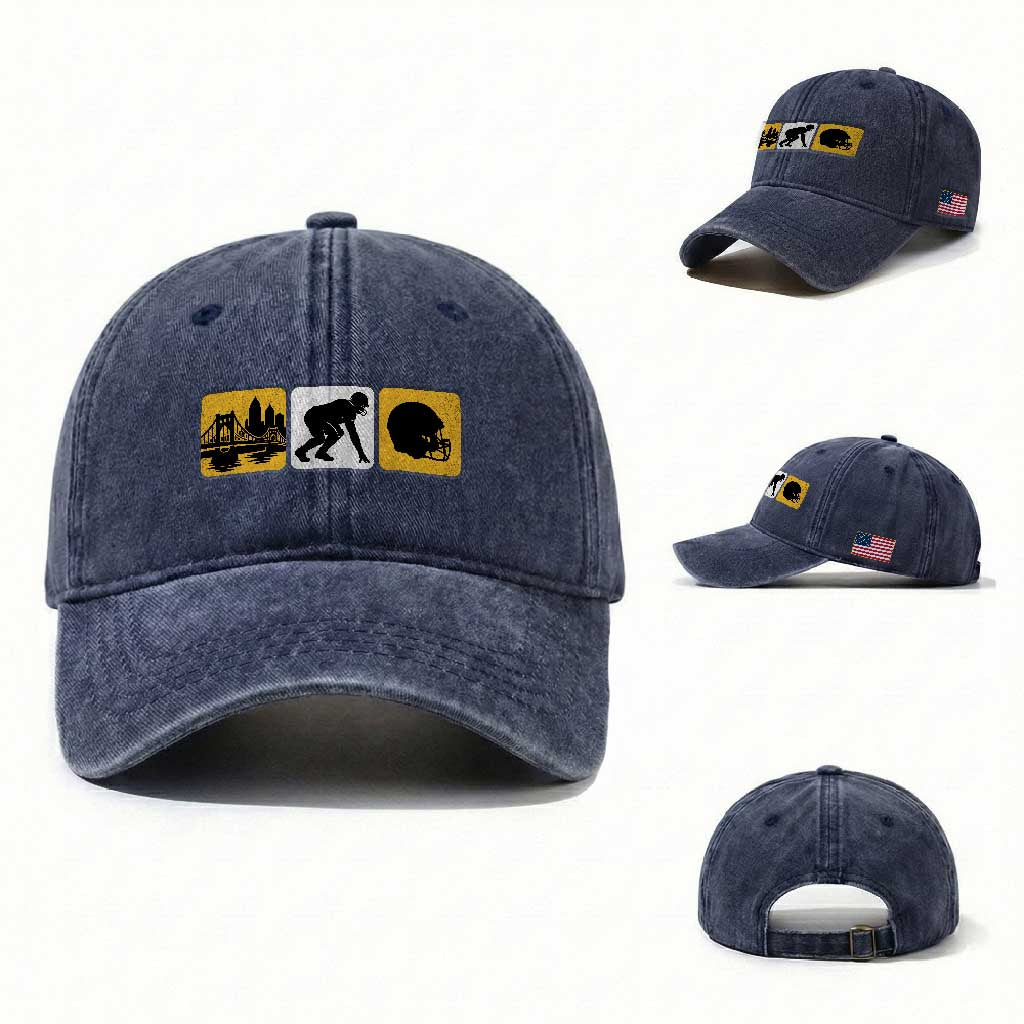Pittsburgh Skyline Crest Graphic Washed Cotton Baseball Cap Football Fan Pride