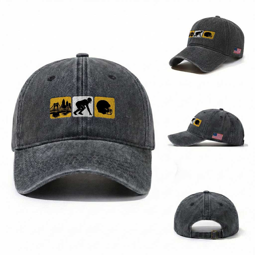 Pittsburgh Skyline Crest Graphic Washed Cotton Baseball Cap Football Fan Pride
