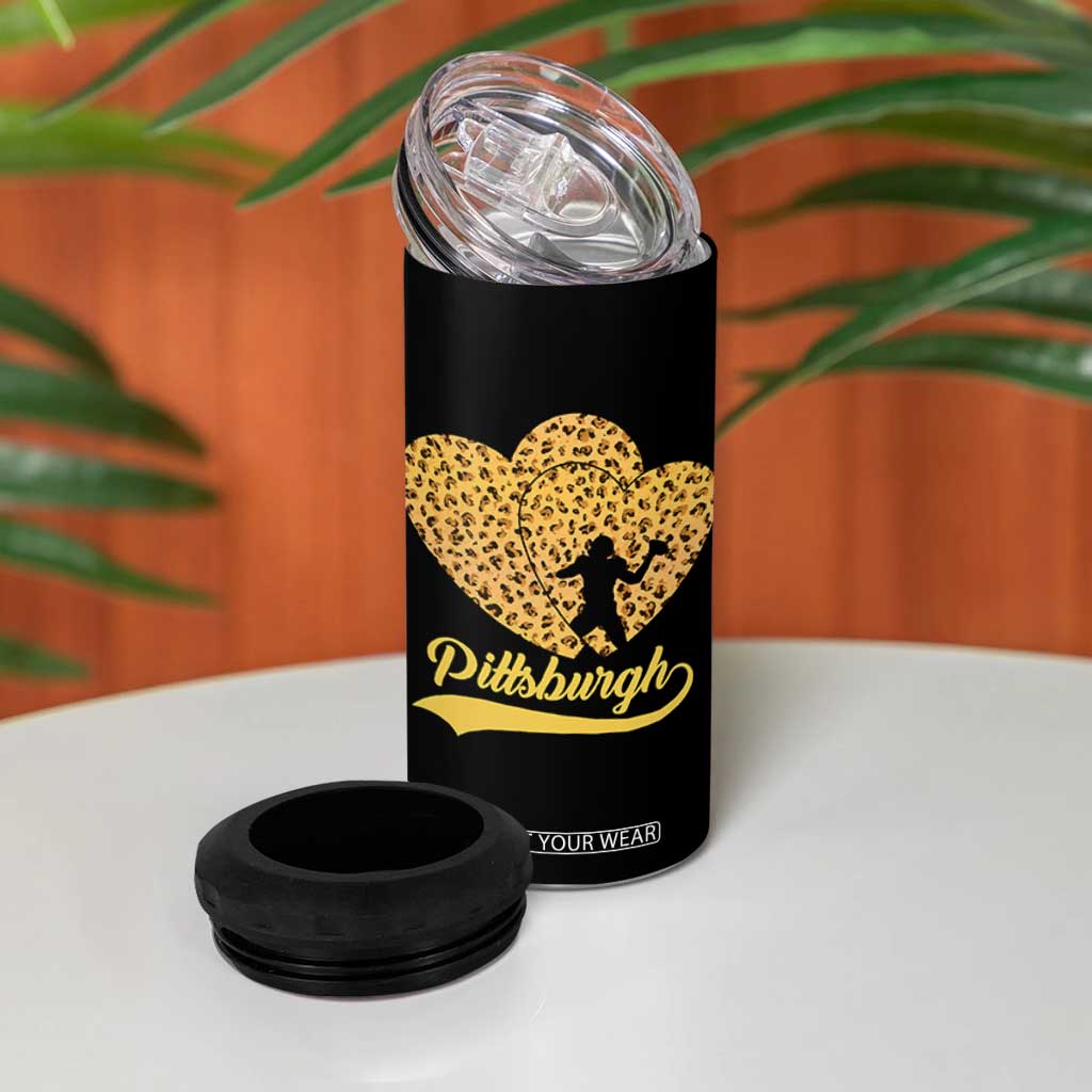 Vintage Leopard Heart Pittsburgh Pride 4 in 1 Can Cooler Tumbler Football Lover Gift