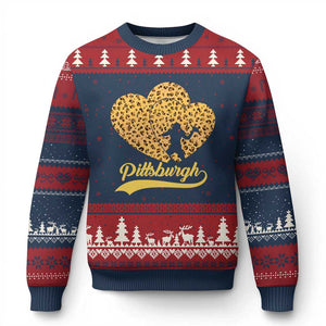 Vintage Leopard Heart Pittsburgh Pride Ugly Christmas Sweater Football Lover Gift