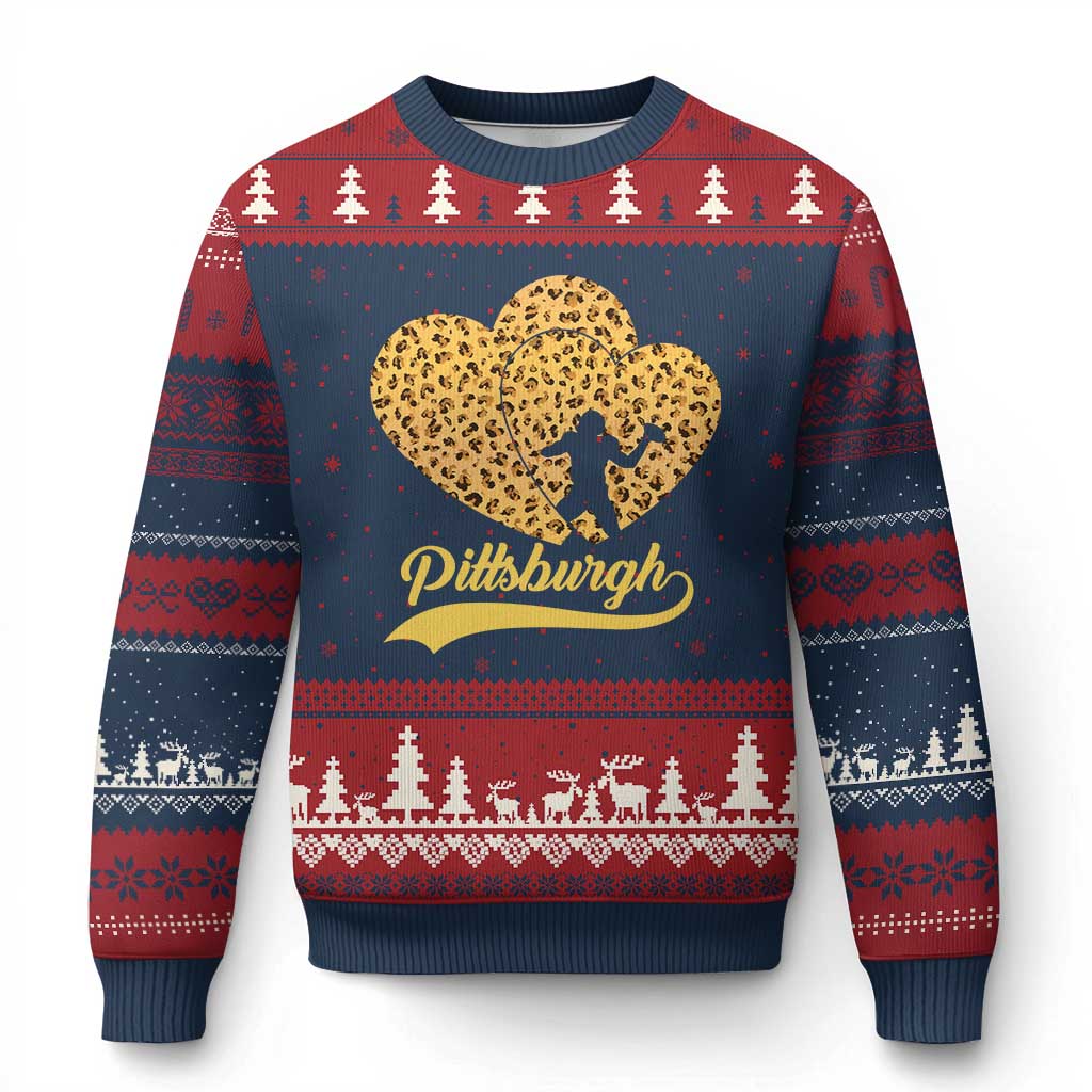 Vintage Leopard Heart Pittsburgh Pride Ugly Christmas Sweater Football Lover Gift TS12 Navy Red Print Your Wear