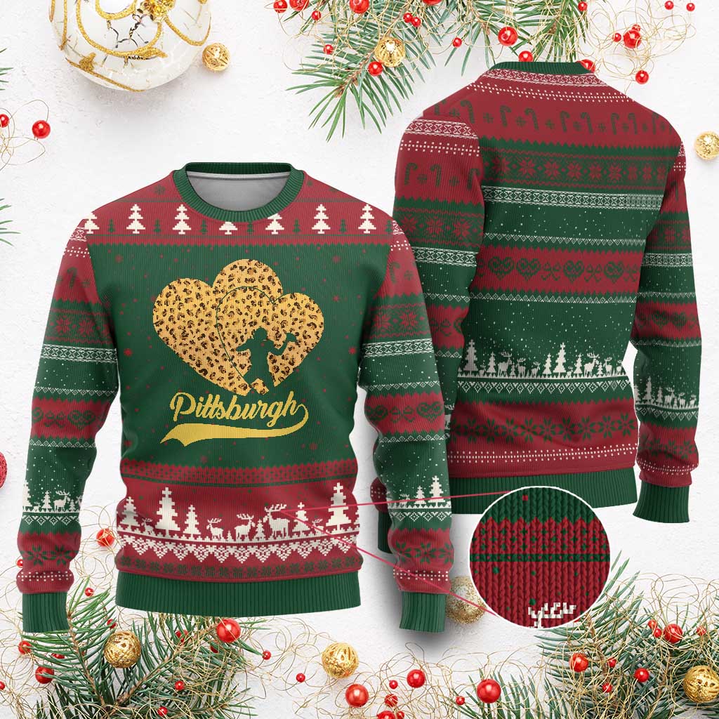 Vintage Leopard Heart Pittsburgh Pride Ugly Christmas Sweater Football Lover Gift