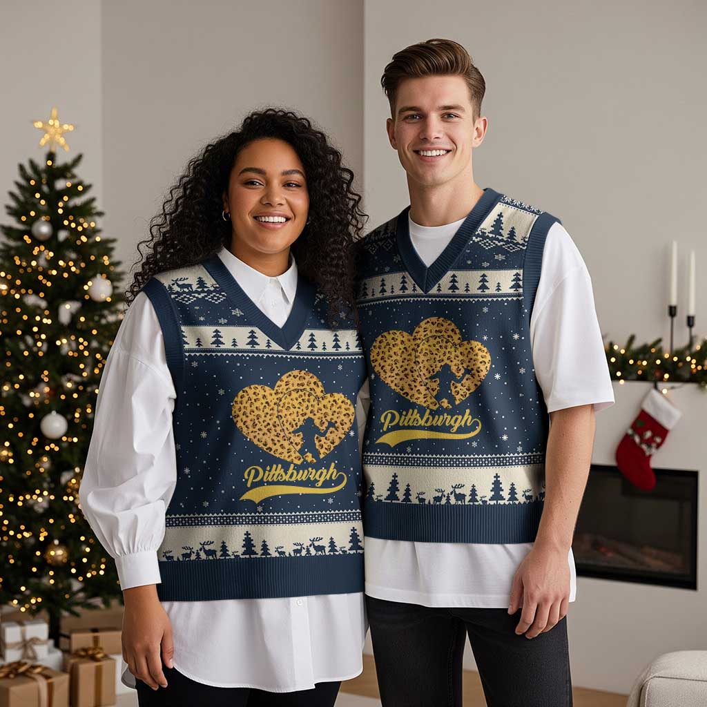 Vintage Leopard Heart Pittsburgh Pride V-Neck Knit Sweater Vest Football Lover Gift