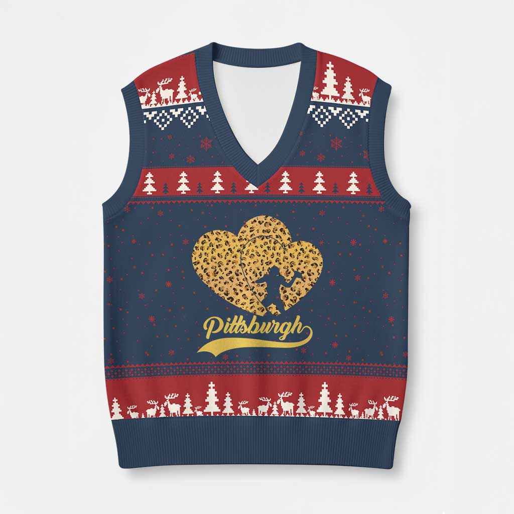Vintage Leopard Heart Pittsburgh Pride V-Neck Knit Sweater Vest Football Lover Gift