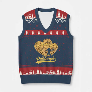 Vintage Leopard Heart Pittsburgh Pride V-Neck Knit Sweater Vest Football Lover Gift