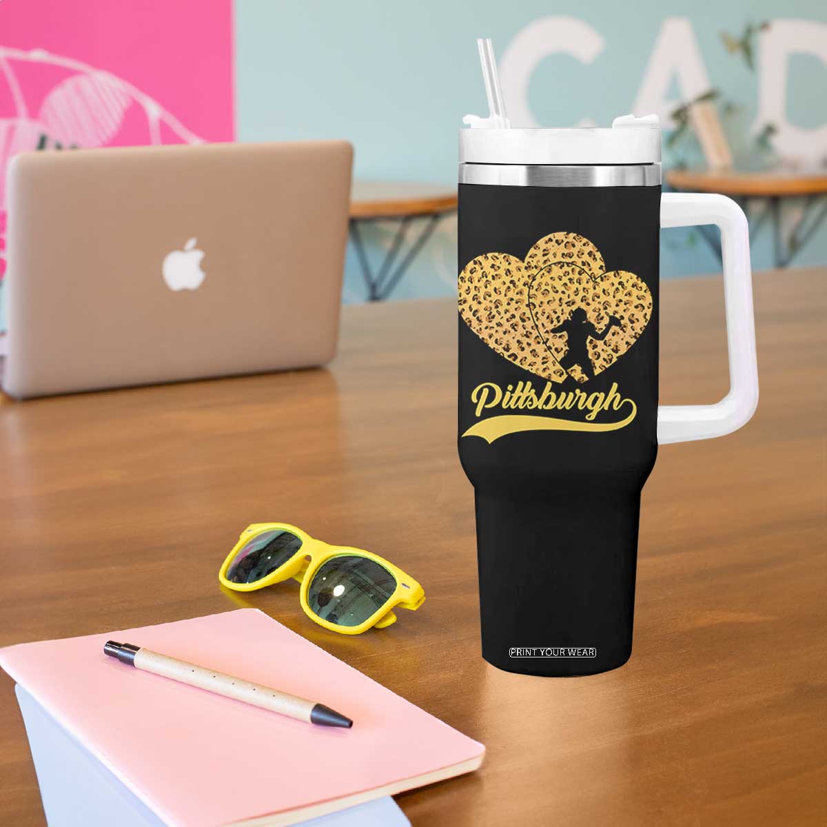 Vintage Leopard Heart Pittsburgh Pride Tumbler With Handle Football Lover Gift