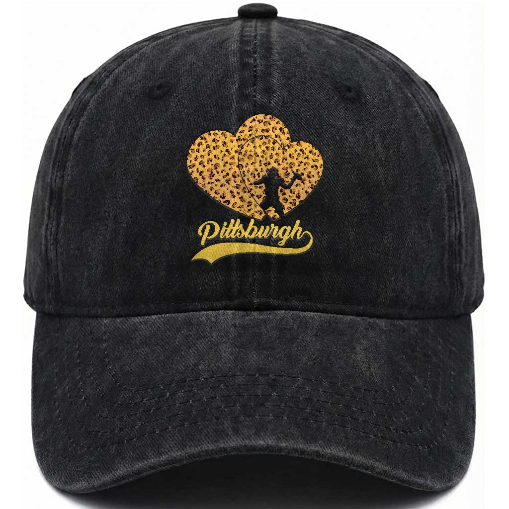 Vintage Leopard Heart Pittsburgh Pride Washed Cotton Baseball Cap Football Lover Gift