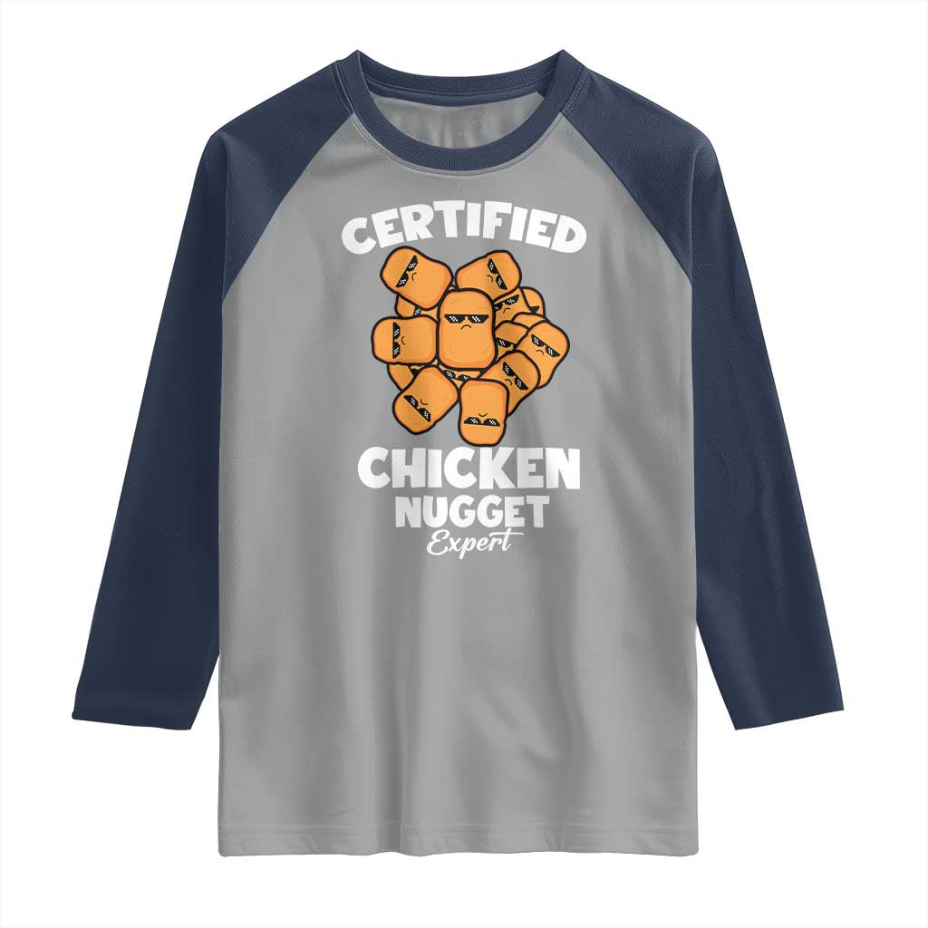 Funny Food Lover Gift Raglan Shirt Certified Chicken Nugget Expert TS12 Sport Gray Navy Print Your Wear
