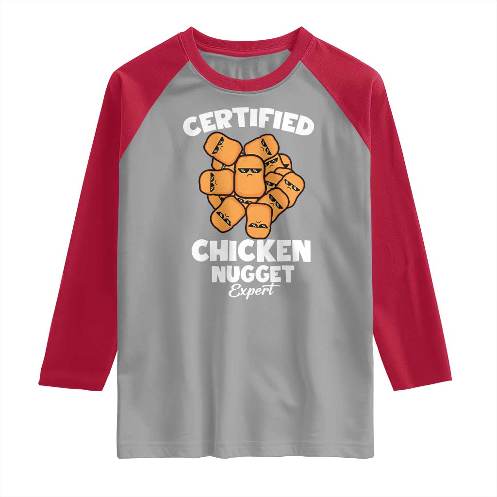 Funny Food Lover Gift Raglan Shirt Certified Chicken Nugget Expert TS12 Sport Gray Red Print Your Wear