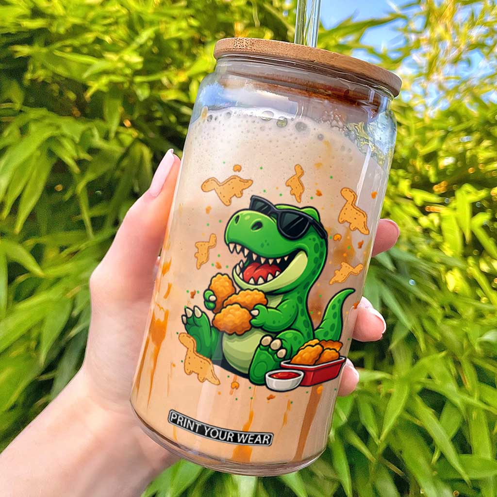 Funny Dinosaur Eating Chicken Nuggets Glass Can Food Lover Gift TS12 White Print Your Wear