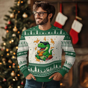 Funny Dinosaur Eating Chicken Nuggets Ugly Christmas Sweater Food Lover Gift TS12 Beige Green Print Your Wear