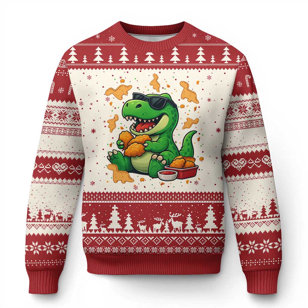 Funny Dinosaur Eating Chicken Nuggets Ugly Christmas Sweater Food Lover Gift TS12 Beige Red Print Your Wear