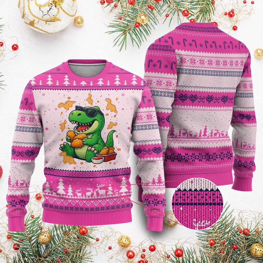 Funny Dinosaur Eating Chicken Nuggets Ugly Christmas Sweater Food Lover Gift TS12 Hot Pink Print Your Wear