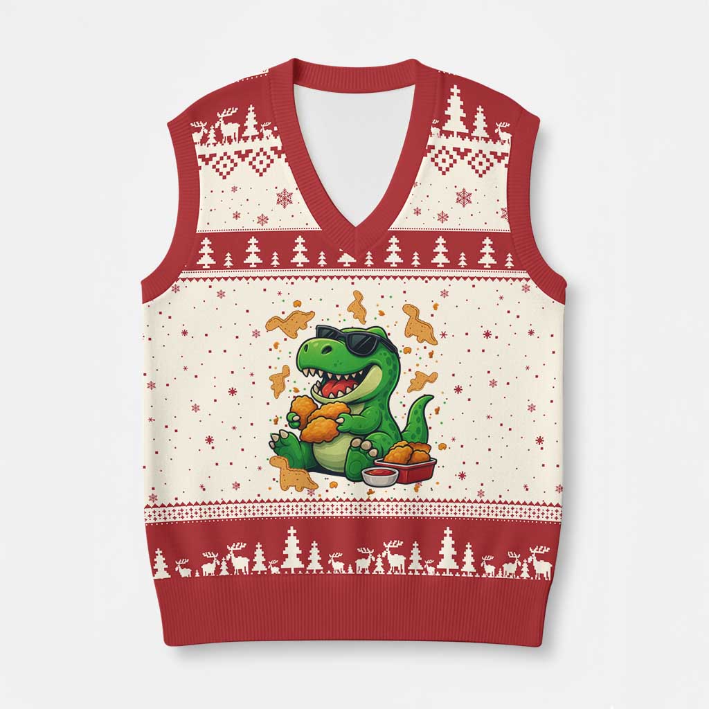 Funny Dinosaur Eating Chicken Nuggets V-Neck Knit Sweater Vest Food Lover Gift TS12 Beige Red Print Your Wear