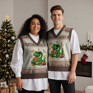 Funny Dinosaur Eating Chicken Nuggets V-Neck Knit Sweater Vest Food Lover Gift TS12 Mocha Mousse Print Your Wear