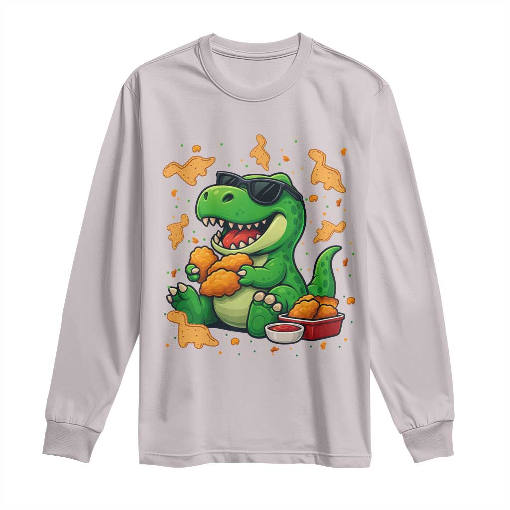 Funny Dinosaur Eating Chicken Nuggets Long Sleeve Shirt Food Lover Gift TS12 Ice Gray Print Your Wear